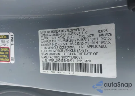 2025 Honda Odyssey Sport-L z USA, uszkodzony, nr VIN 5FNRL6H75SB059231